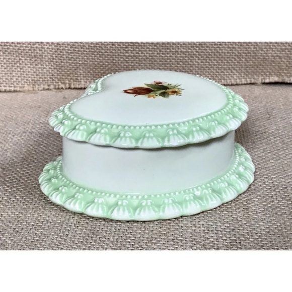 Vintage Handmade Floral Heart Trinket Box Green Trim Victorian Romance Cottage - Picture 6 of 10